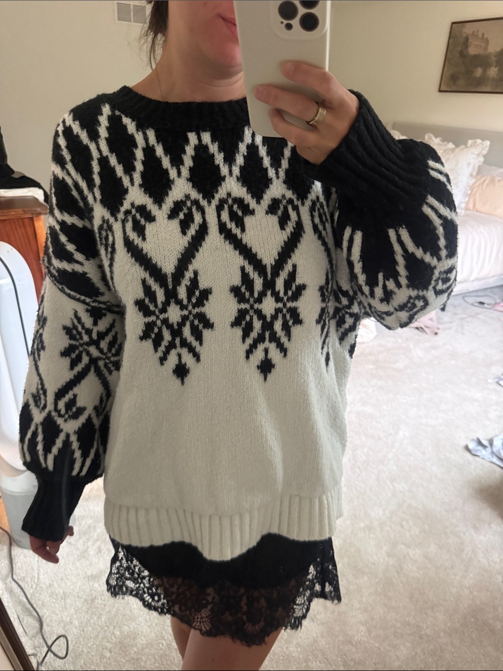 Free People Black and White patterned oversized Knit sweater